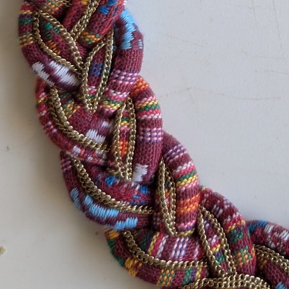 Handmade Multi Coloured printed fabric and Gold mini chain Statement Necklace - Picture 2 of 4